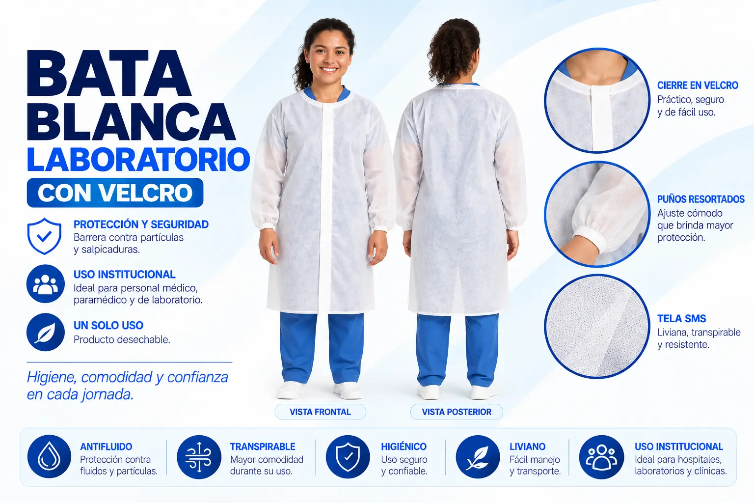 Bata blanca desechable de laboratorio en tela SMS con cierre en velcro