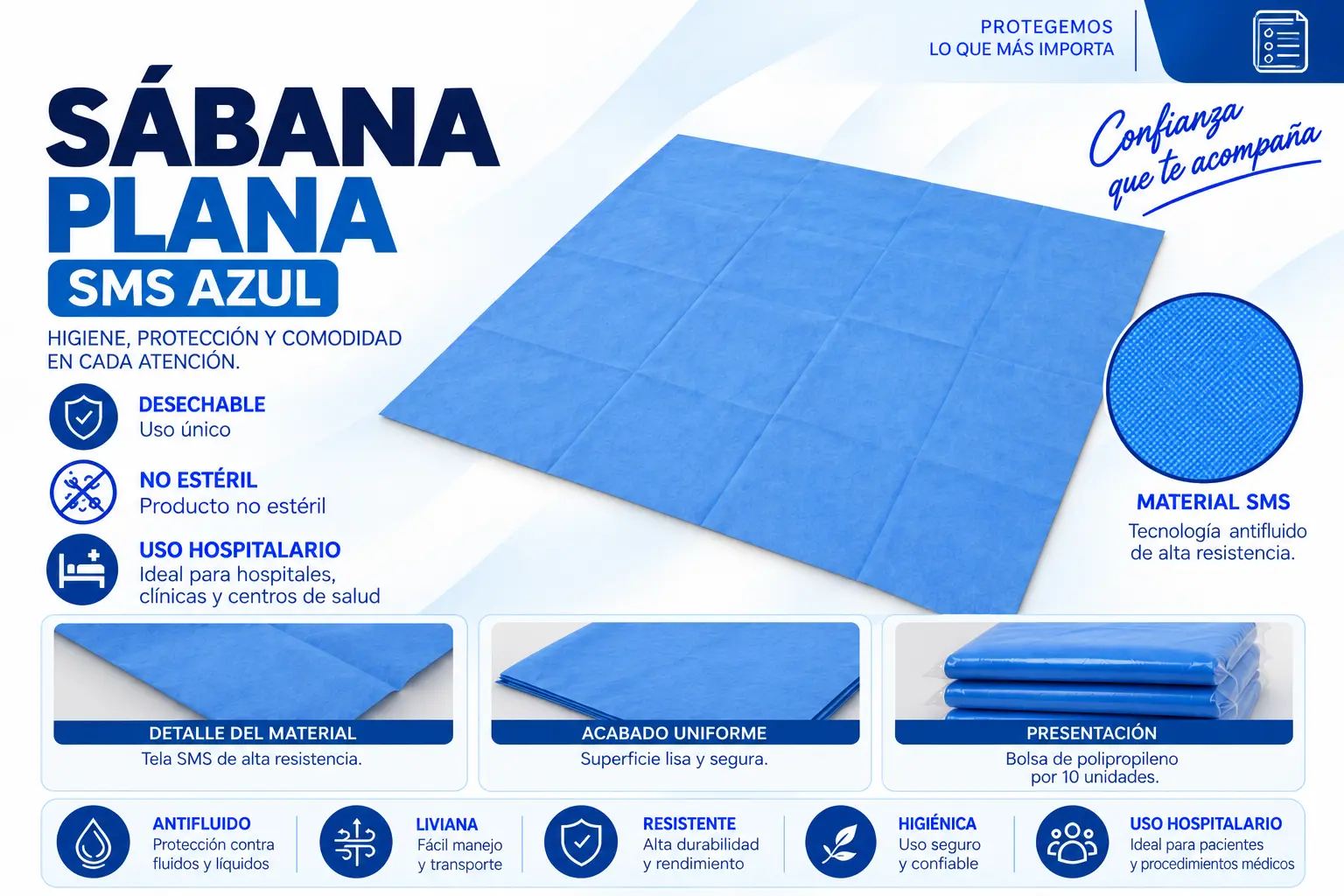 Sábana plana desechable azul en tela SMS doblada