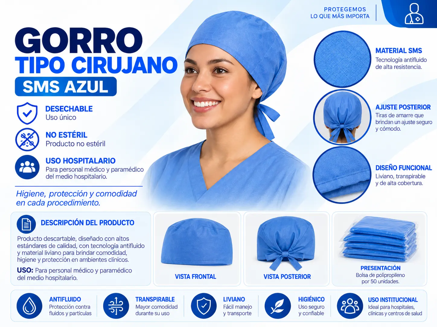 Gorro desechable tipo cirujano azul con tiras de amarre