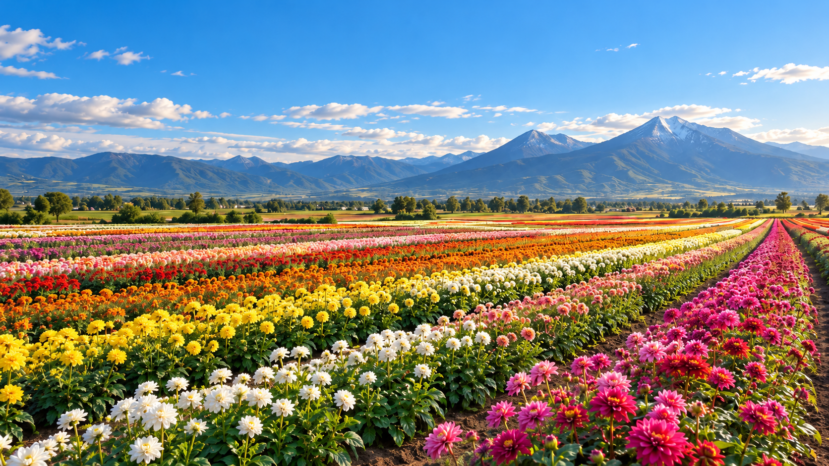Cultivo extenso de flores multicolores con montañas nevadas y paisaje natural al fondo