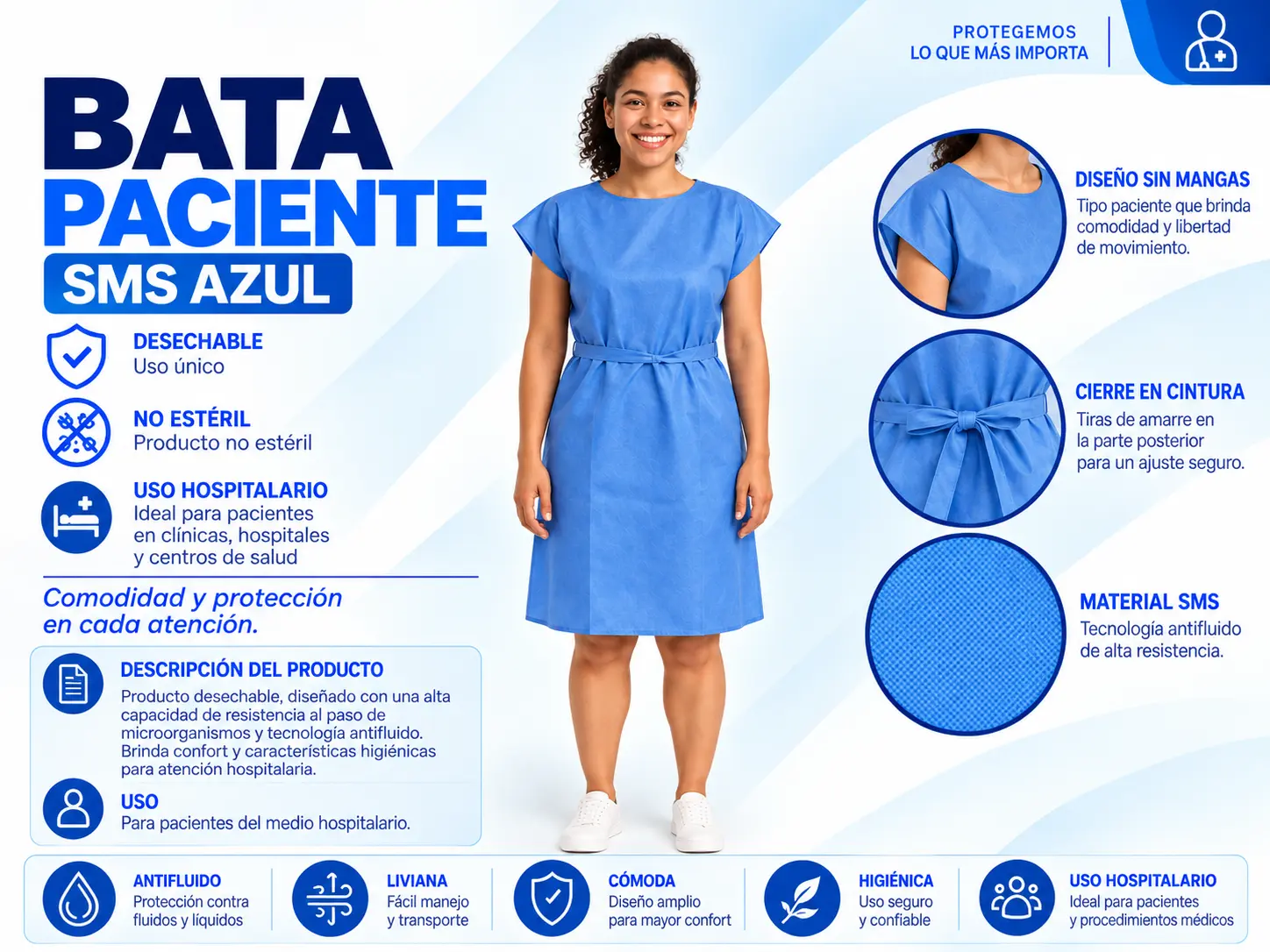 Bata paciente azul desechable en tela SMS
