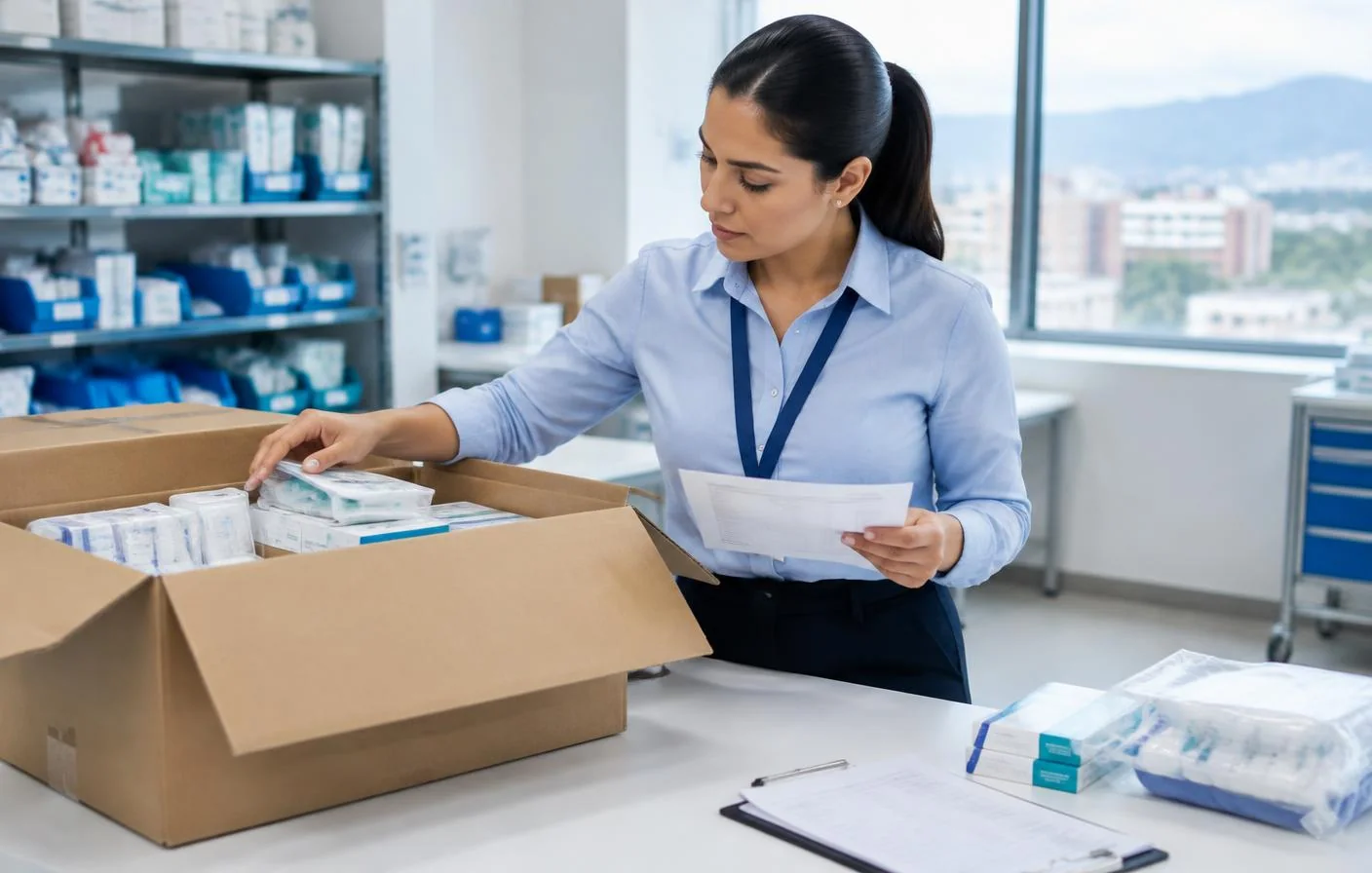 Profesional de compras verificando un pedido de insumos médicos