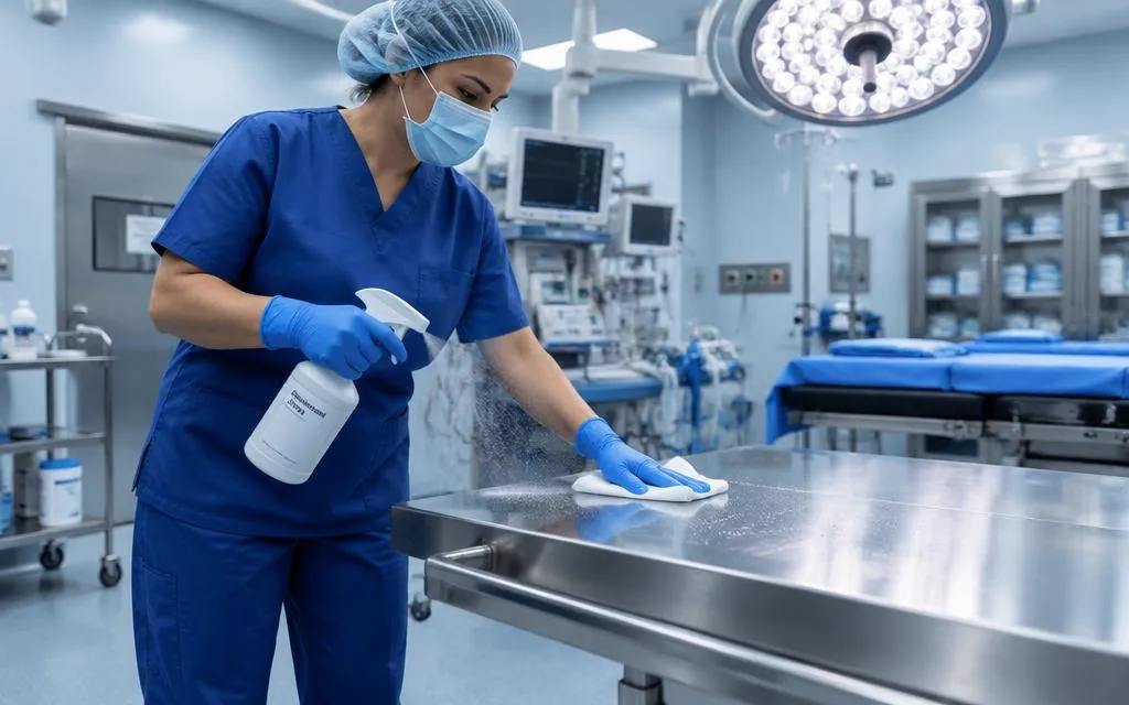 Personal hospitalario desinfectando una superficie de quirófano