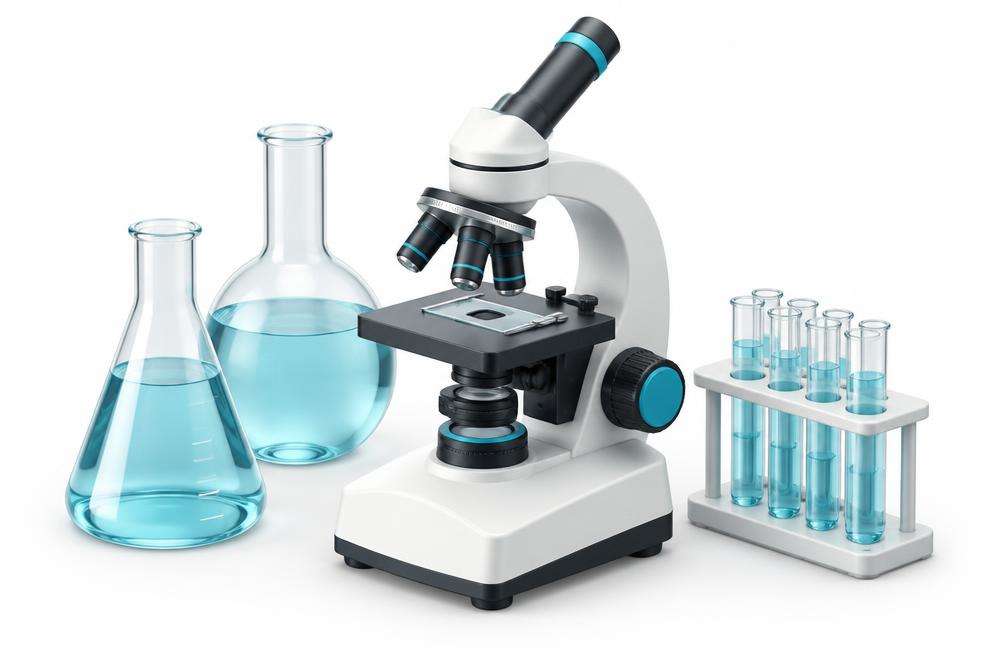 Ilustración tridimensional de laboratorios farmacéuticos